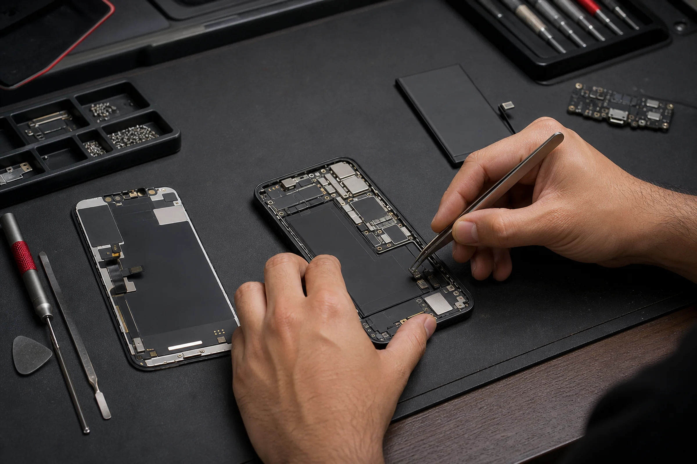 Técnico instalando um componente em smartphone aberto sobre uma bancada profissional